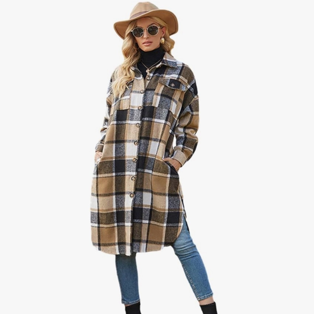 Casual Lapel Button Down Long Plaid Tartan Shacket